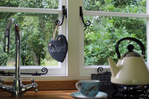 Kettle and tea cup inside the shepherds hut